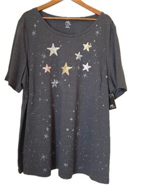AVE Leisure Shirt Womens 22/24 Gray Tunic Sequin Star Oversized Tagless Jersey